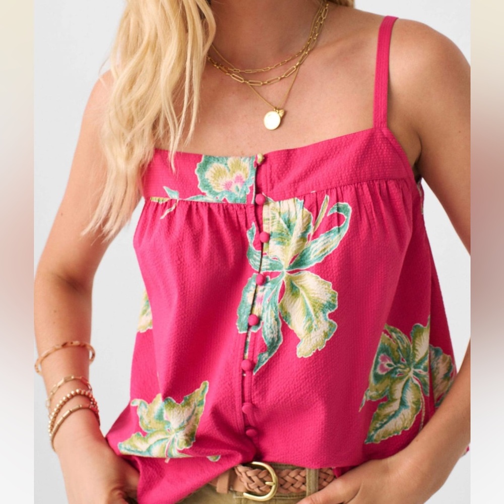 Faherty Marina Seersucker Top Orchid Blossom Pink Hibiscus organic